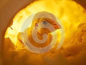 Warm, glowing ambiance of a hatchery with a newborn chick nestled inside