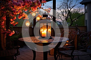 warm, glowing lantern on an outdoor patio at dusk