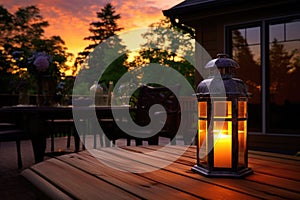 warm, glowing lantern on an outdoor patio at dusk