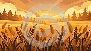 The warm golden glow of a setting sun casting a magical light over a field of wheat creating a pictureperfect scene.. photo