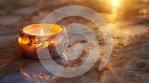 The warm golden light of a candle flame juxtaposed against the cool marble surface of a candle warmer creating a