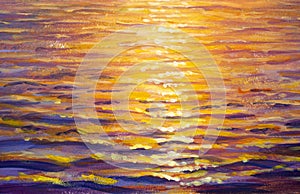 Warm golden sea waves at sunset sunrise close up oil painting
