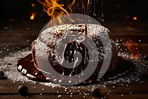 Warm and gooey chocolate lava cake with a molten center and fire on background. AI generated.