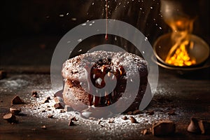 Warm and gooey chocolate lava cake with a molten center and fire on background. AI generated.