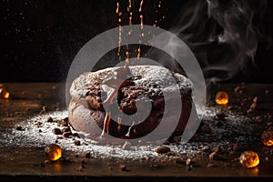 Warm and gooey chocolate lava cake with a molten center and fire on background. AI generated.