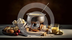 Warm and Gooey Swiss Cheese Fondue - A Traditional Dish to Indulge in food photography. Generative AI
