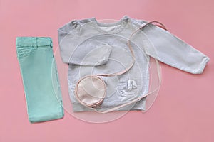 Warm gray jumper,sweater,jeans pants,purse,little bag.Set of baby children& x27;s clothes,clothing for spring,summer
