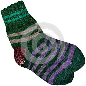 Warm green grey violet purple striped knitted wool camp socks, large detailed isolated macro closeup, gray burgundy red woolen