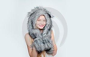 Warm hat for cold weather. Small fashionista. Happy child smile in fashion style. Winter fashion trends for kids. Little