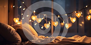 Warm heart lights in cozy bedroom setting