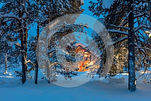 Warm house in snowy night winter forest