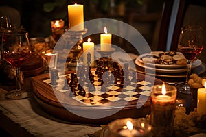 The warm hues of candlelight highlight the rich tones of a wooden chessboard. AI Generated