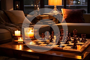 The warm hues of candlelight highlight the rich tones of a wooden chessboard. AI Generated