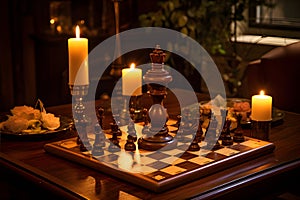 The warm hues of candlelight highlight the rich tones of a wooden chessboard. AI Generated