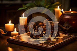 The warm hues of candlelight highlight the rich tones of a wooden chessboard. AI Generated