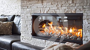 The warm inviting ambiance of the living room is enhanced by the modern fireplace its remotecontrolled flame dancing