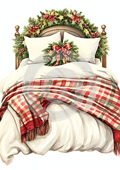 A warm and inviting bed adorned with holiday themed blankets and pillows watercolor winter border