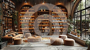 Warm and inviting bookstore with reading nooks and a cafe3D render.