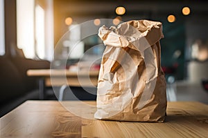 Warm and inviting caf?? atmosphere with soft lighting and a crumpled paper bag centerpiece photo