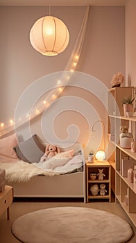 Warm and inviting child's room interior with soft lighting, plush toys, and elegant wooden accents