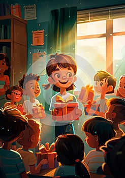 Warm and inviting classroom scene with diverse students presenting gifts to a smiling teacher