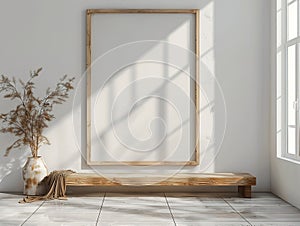 Warm, inviting home interior with a blank wooden frame mockup on the wall. There is a vase with dry plants and a wooden bench in