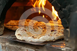 Traditional Stone Oven Baking Fresh Flatbread, Ideal for Culinary Websites and Cultural Blogs