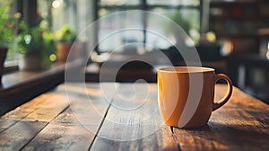 Warm, inviting interior scene with a single vibrant mug on a rustic table photo