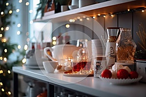 Warm and inviting kitchen decorated for Christmas with a shelf full of tea cups and home decoration