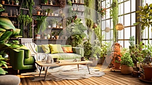 A warm and inviting living room adorned with lush green plants