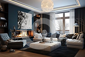 A warm and inviting living room with a fireplace and various pieces of furniture, interior design of a living room in an apartment