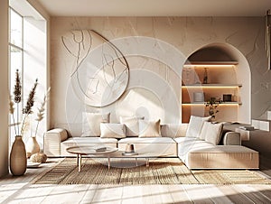 Warm and inviting neutral living room with a large comfortable sofa, stylish coffee table, and a beautiful textured wall
