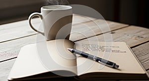 A speckled ceramic mug sits on