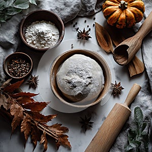 Rustic Autumn Baking: Dough, Spices & Tools Flat Lay