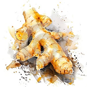 A warm and inviting watercolor illustration of ginger root with golden splashes