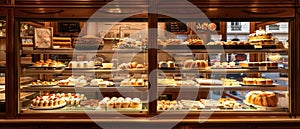 A warm, inviting window display of a traditional bakery, showcasing an array of bread and sweet treats, beckoning