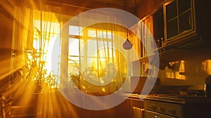 Warm Kitchen Sunlight Through Curtain Window