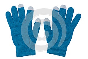 warm knitted gloves in blue with fingers for a smartphone on a white background photo