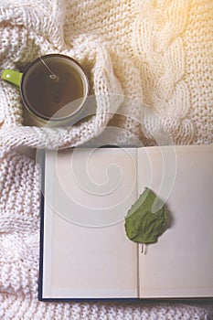 Warm knitted sweater,cup of hot tea and book