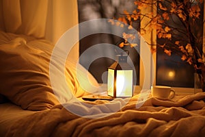 warm lamp lit in a cozy bedroom, emphasizing downtime