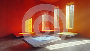 Warm light bathes a vibrant red room with geometric platforms against yellow windows