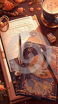 Warm light bathing an elegant desk with maps and a journal