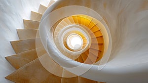 Warm light enhances the hypnotic spiral of an elegant stone staircase, invoking a sense of infinite descent.