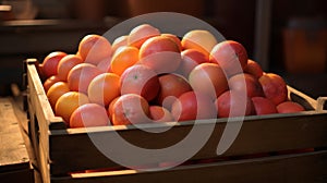 Warm light enhances rustic crate of blood oranges
