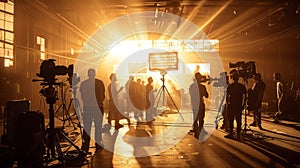 Warm light on film set bathed, creating silhouette effect. Indoor space with natural light. Crew members working with