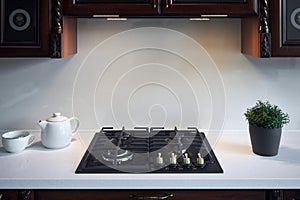 Warm light interior of modern kitchen in classic style with golden elements cherry alder wood cabinetry with built-in