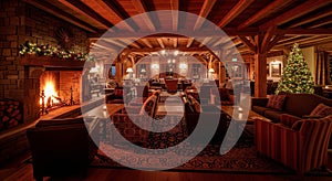 Warm Lit Rustic Lodge Interior with Stone Fireplace and Christmas Tree