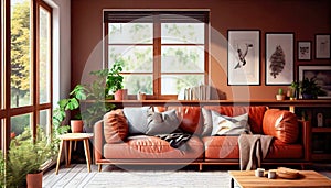 warm living room with a brown sofa and a large wooden frame, Scandinavian style. Generative AI