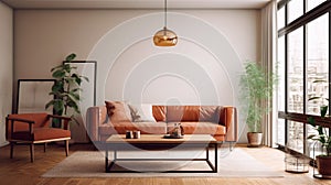 warm living room with a brown sofa and a large wooden frame, Scandinavian style. Generative AI