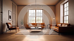 warm living room with a brown sofa and a large wooden frame, Scandinavian style. Generative AI